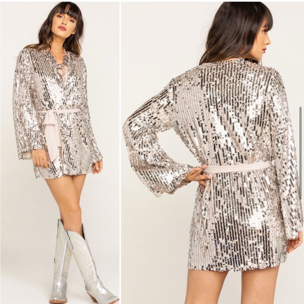 Show Me Your MuMU - Silver Sequin Wrap Dress with long sleeves - small